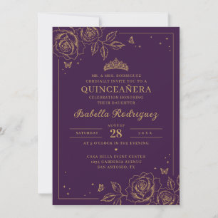 Convite Quinceañera Floral Dourada Ameixa
