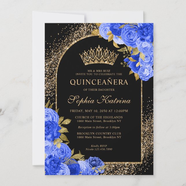 Convite Quinceanera Floral Dourada Azul Real Preta (Frente)