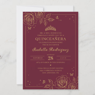 Convite Quinceañera Floral Dourada Borgonha