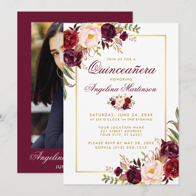 Convite Quinceanera Floral Dourada Burgundy (Frente/Verso)