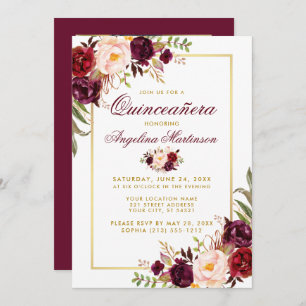Convite Quinceanera Floral Dourada Burgundy
