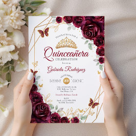 Convite Quinceanera Floral Dourada Burgundy