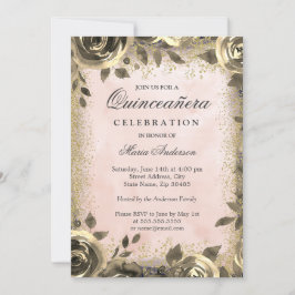 Convite Quinceanera Floral Dourada com Aquarela Rosa