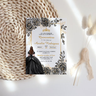 Convite Quinceanera Floral Dourada e Negra Elegante
