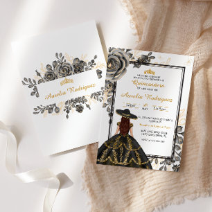 Convite Quinceanera Floral Dourada e Negra Elegante