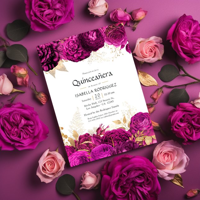 Convite Quinceañera Floral Dourada e Rosa Quente (Criador carregado)