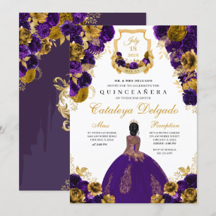 Convite Quinceañera Floral Dourada e Roxa