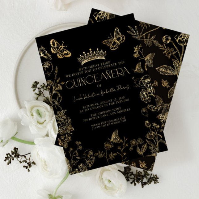 Convite Quinceañera Floral Dourada Elegante (Criador carregado)