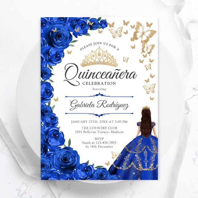 Convite Quinceanera Floral Dourada Real Azul (Criador carregado)