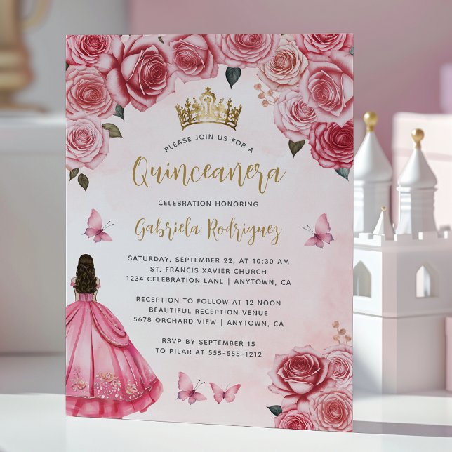 Convite Quinceañera Floral Dourada Rosa (Criador carregado)