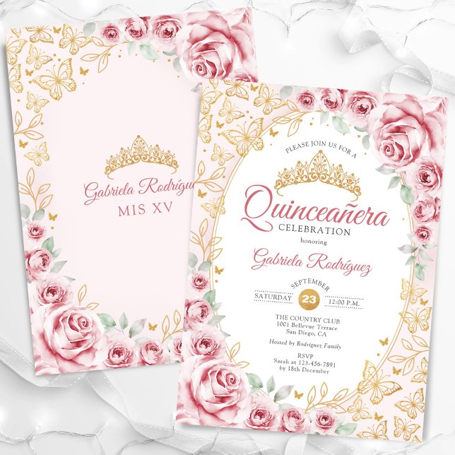 Convite Quinceanera Floral Dourada rosa (Criador carregado)