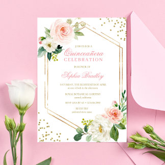 Convite Quinceañera Floral Dourada Rosa Esmagadora