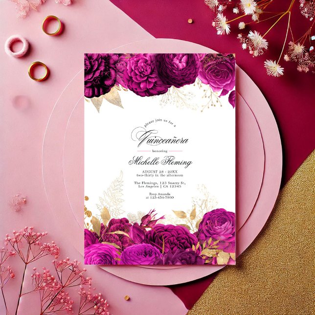 Convite Quinceañera Floral Dourada, Rosa-Quente (Bold Hot-Pink and Gold Floral Quinceañera Photo Invitation)