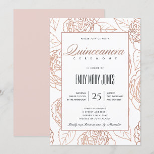CONVITE QUINCEANERA FLORAL DOURADA ROSE DE PINCO AZUL
