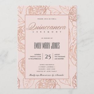 CONVITE QUINCEANERA FLORAL DOURADA ROSE DE PINCO AZUL