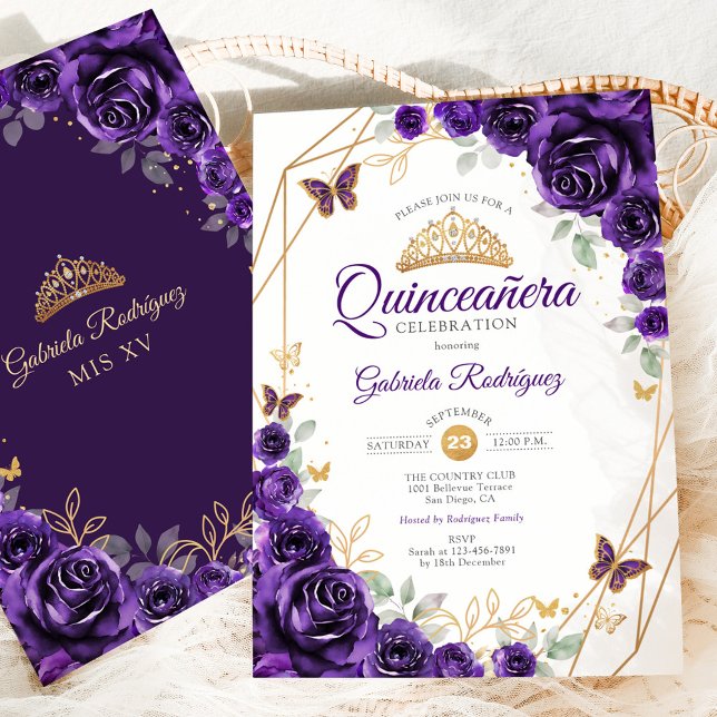 Convite Quinceanera Floral Dourada Roxa (Criador carregado)