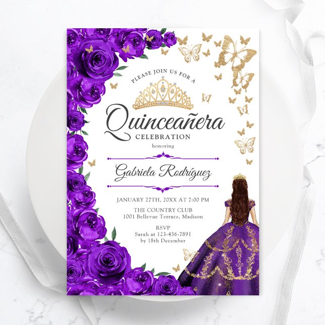 Convite Quinceanera Floral Dourada Roxa (Criador carregado)