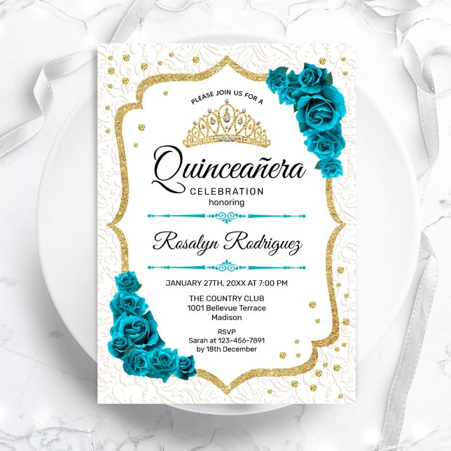 Convite Quinceanera Floral Dourada Teal Branca (Criador carregado)