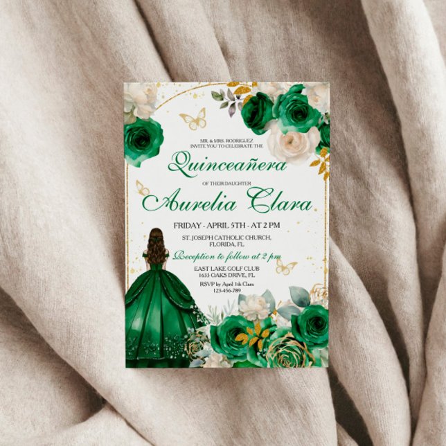 Convite Quinceanera Floral Dourada Verde (Criador carregado)