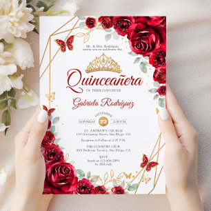 Convite Quinceanera Floral Dourada Vermelha