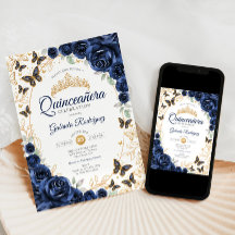Quinceanera Floral Dourado Azul-Marinho