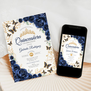 Convite Quinceanera Floral Dourado Azul-Marinho