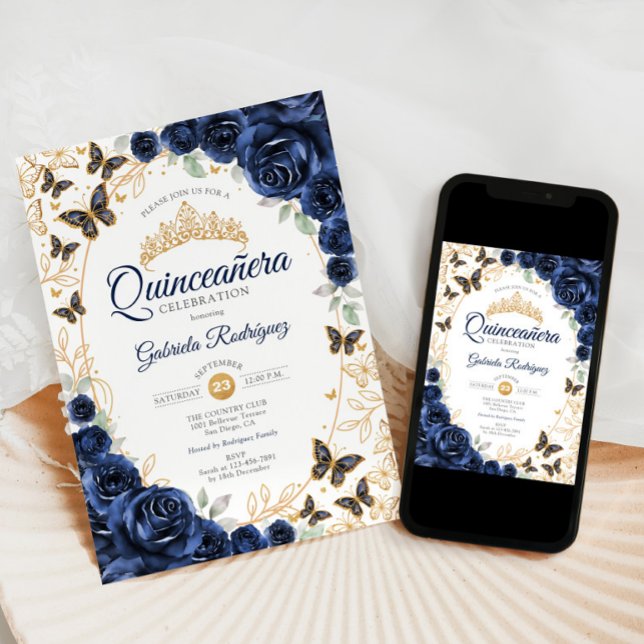 Convite Quinceanera Floral Dourado Azul-Marinho (Criador carregado)