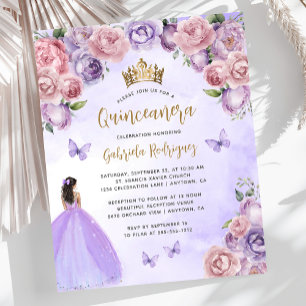 Convite Quinceañera Floral Dourado com Bege Roxo O