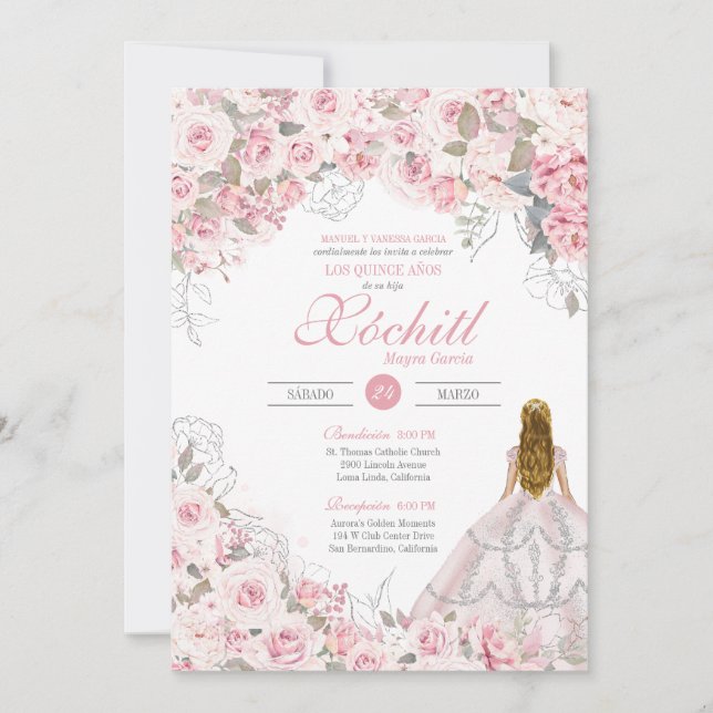 Convite Quinceanera Floral Elegante Blossom Rosa Esbranqui (Frente)