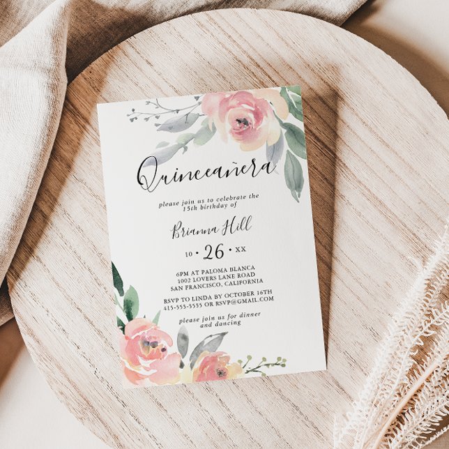 Convite Quinceañera Floral Elegante Blush (Criador carregado)