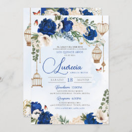 Convite Quinceañera Floral Elegante Dourada Azul