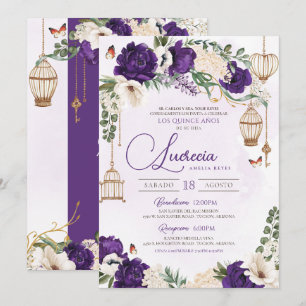 Convite Quinceañera Floral Elegante Dourada Roxo