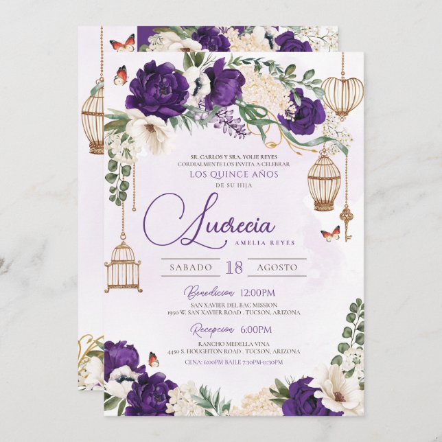 Convite Quinceañera Floral Elegante Dourada Roxo (Frente/Verso)