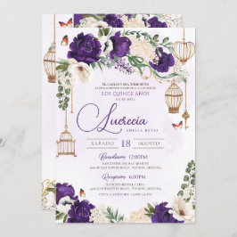 Convite Quinceañera Floral Elegante Dourada Roxo