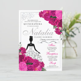 Convite Quinceanera Floral Elegante Fuchsia Rosa