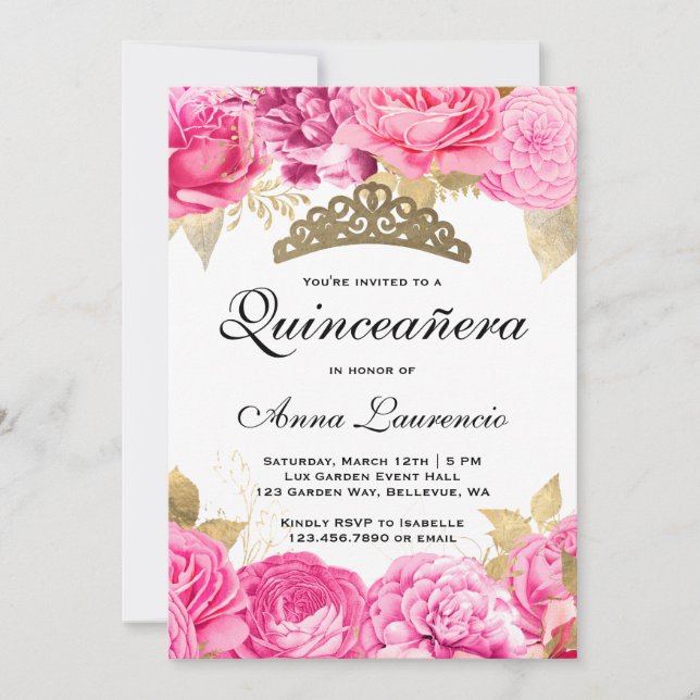 Convite Quinceanera Floral Elegante Rosa (Frente)