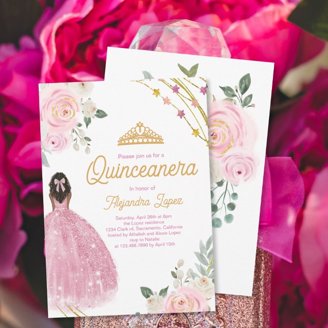 Convite Quinceanera Floral Elegante Rosa Dourada (Criador carregado)