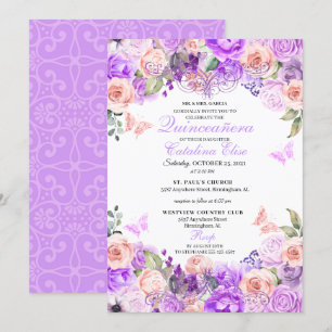 Convite Quinceanera Floral Elegante, Rosa e Roxo, Anivers