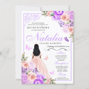 Convite Quinceanera Floral Elegante, Rosa e Roxo, Aniversá