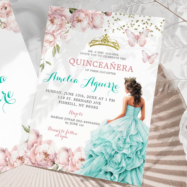 Convite Quinceañera Floral Elegante Rosa e Teal (Criador carregado)