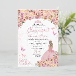 Convite Quinceanera Floral Elegante Rosa Pêssego