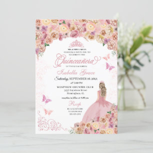 Convite Quinceanera Floral Elegante Rosa Pêssego