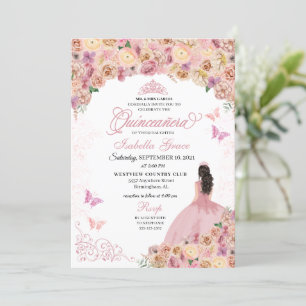 Convite Quinceanera Floral Elegante Rosa Pêssego