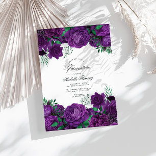 Convite Quinceañera Floral Elegante Roxo e Verde Foto