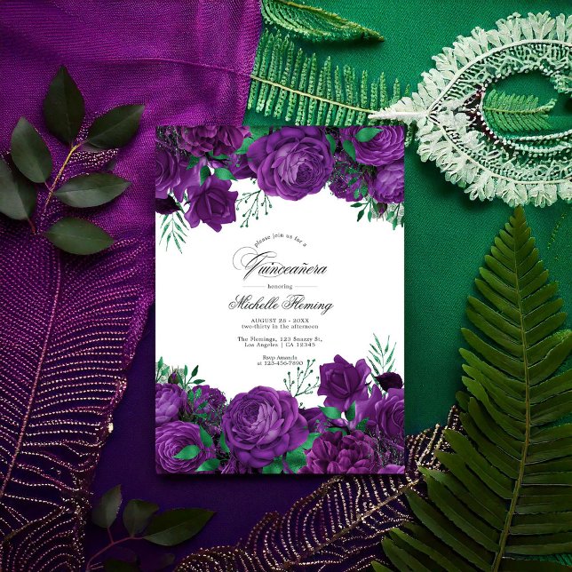 Convite Quinceañera Floral Elegante Roxo e Verde Foto (Elegant Purple and Green Floral Quinceañera Photo Invitation)