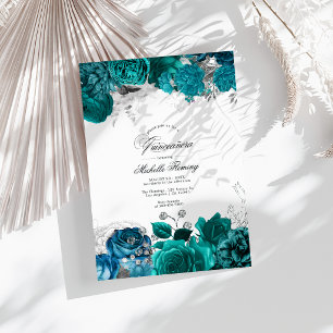 Convite Quinceañera Floral Elegante Teal e Silver
