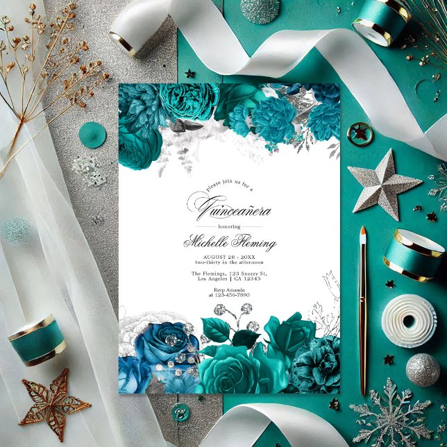 Convite Quinceañera Floral Elegante Teal e Silver (Elegant Teal and Silver Floral Quinceañera Photo Invitation)