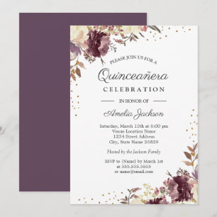 Convite Quinceanera Floral em Aquarela Dourado Rox
