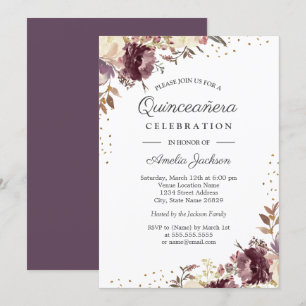 Convite Quinceanera Floral em Aquarela Dourado Rox