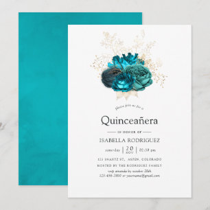 Convite Quinceañera Floral em Verde Azul e Dourado